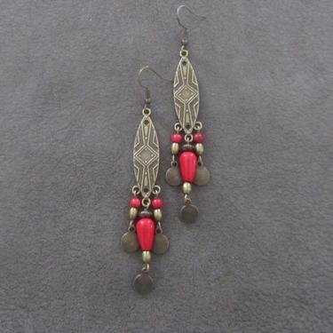 Chandelier earrings, tribal antique brass, boho chic earrings, ethnic earrings, Afrocentric earrings, African earrings, Nubian earrings red 