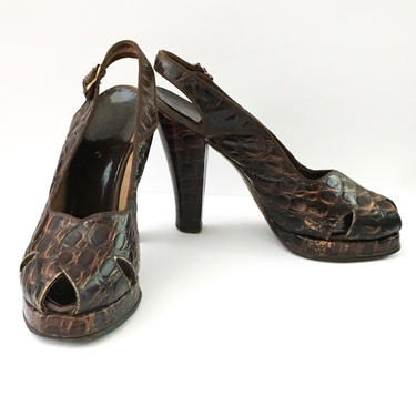 1940s Brown Leather Alligator Peep Toe Platform Heels Shoes 