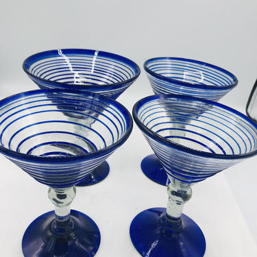 Pretty set (4) Handmade Blown Mexican Margarita Glass Cobalt Blue raised Spiral 