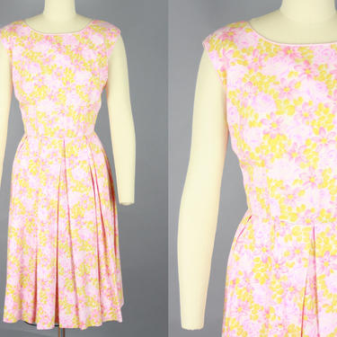 1950s Pink &amp; Yellow FLOWER Dress | Vintage 50s 60s Sleeveless Cotton Day Dress | small 