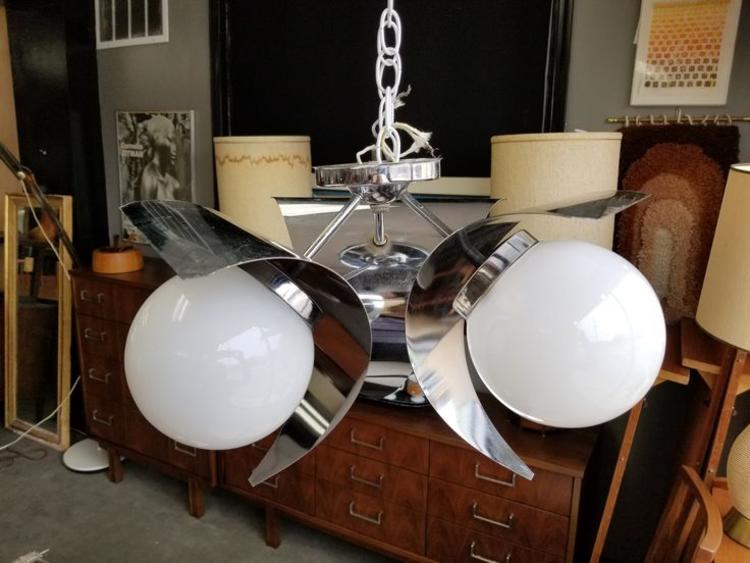 Mid-Century Modern chrome light fixtures with white globes