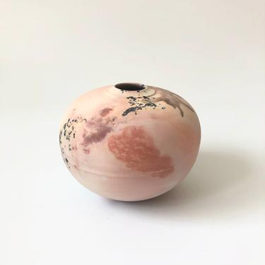 Vintage Saggar Fired Pink Sphere Raku Pottery Vase by Oscar Bucher 