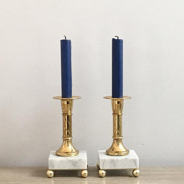 Brass And White Marble Candlesticks Candle Holders 