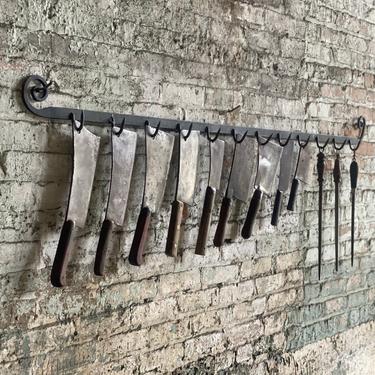 Antique Butchers Forged Rack with Cleavers and Honing Steels 