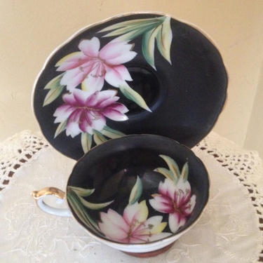 Vintage Ardalt, Lenwile,  tea cup and saucer-marked  Occupied Japan Black Hand Painted with Lotus Blossom 