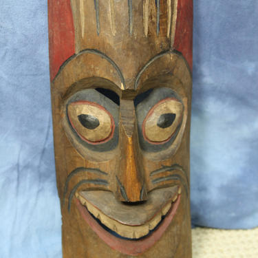 17&amp;quot; Vintage Wooden Tiki Mask, Hand Carved Polynesian Smiling Mask, Tiki Bar Decor, Exotica 
