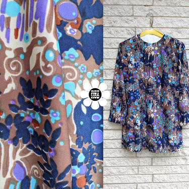 So Cool Vintage 60s 70s Purple Blue Beige Psychedelic Tunic Top with Long Sleeves 
