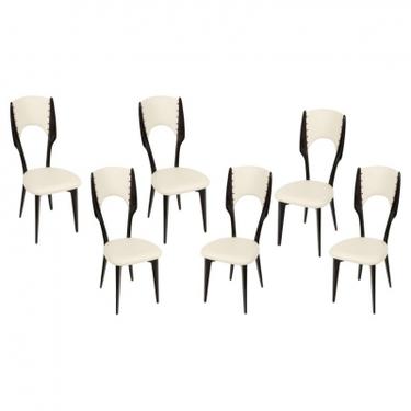 Mid-Century Black Lacquer & White Leather Dining Chairs