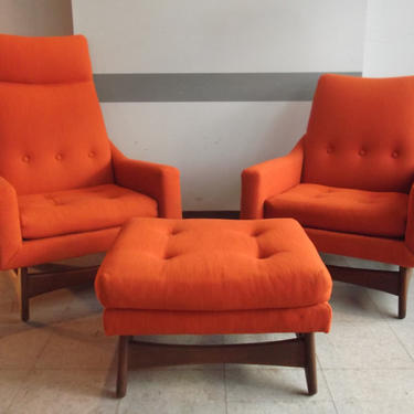Pair of Mid Century Lounge Chairs and Ottoman