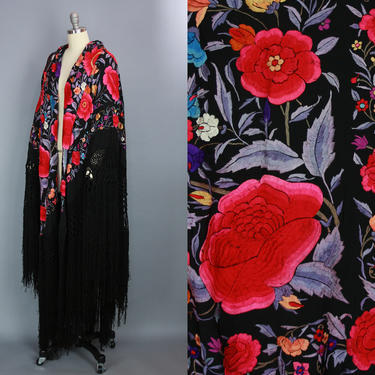 1920s GIGANTIC Piano Shawl | Vintage 20s Fully Embroidered Colorful Floral Silk Piano Shawl with Long Black Fringe 