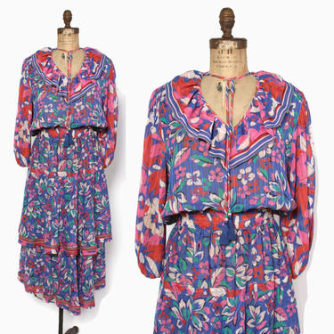 Vintage 80s Diane Freis DRESS / 1980s Ruffled Chiffon Mixed Print Midi Dress by luckyvintageseattle