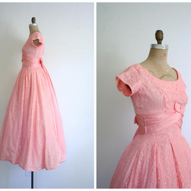 vintage 1950s lace & taffeta full length gown - 50s prom dress / salmon pink full length gown - vintage wedding / 50s pastel lace gown 