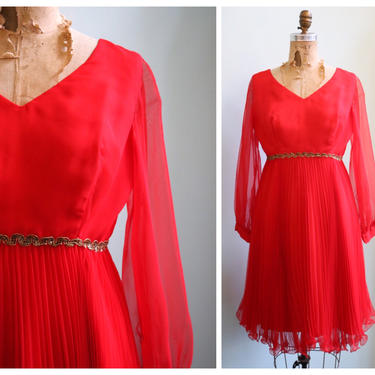 Vintage 1960's Red Chiffon Accordion Pleated Dress | Size Small 