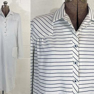 Vintage D'Allairds Navy White Striped Dress Blue Stripes Nautical Mod Designer 60s 1960s Long Sleeve Shirtdress Women's Large 