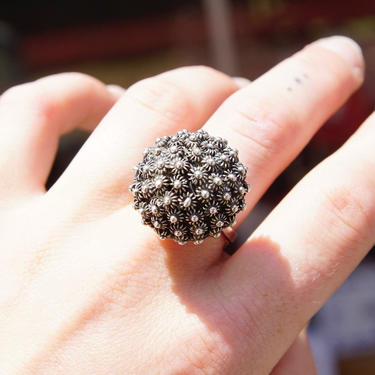 Vintage Modernist Sterling Silver Flower Ball Ring, Large Textured Dome Ring, Adjustable Silver Band, Statement Ring, Hecho En Mexico, 925 