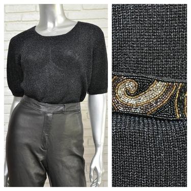Vintage Christine Phillips Black Metallic Shiny Scoop Neck Knit Sweater Made in California Size L 