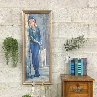 Vintage Maio Print Retro 1960s Large Size 39x16 Harlequin Girl and Dog Print on Board + Brown Wood + Vertical Frame + Wall Art + MCM Decor 