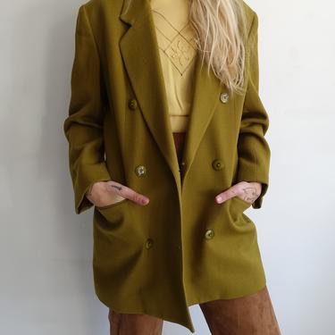 Vintage 80s Pea Soup Wool Double Breasted Blazer/ 1980s 1990s Green Suit Jacket/Chartreuse/ Size Medium 