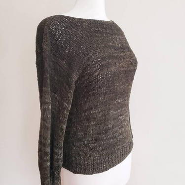 80s 90s Brown Leather Tunic / Long Sleeved Handwoven Leather Top Charcoal Gray / Small 