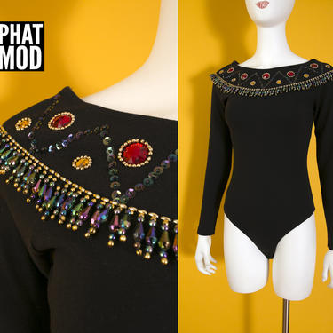 Funky Vintage 80s 90s Black Long Sleeve Bodysuit with Colorful Gems &amp; Gold Beaded Fringe 