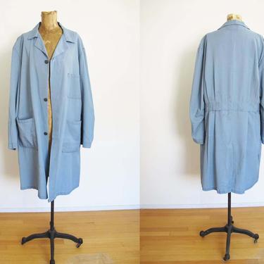 Vintage Blue Work Coat Large - 70s Long Work Jacket - Duster Jacket - Cotton Blend Workwear Chore Jacket - Faded Worn In Utility 