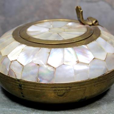 Vintage Brass & Mother of Pearl Hinged Lid Pot - Pocket Ashtray - Ink Pot - Inkwell | FREE SHIPPING 