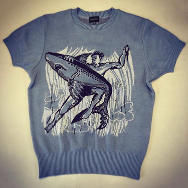 GROOVIN HIGH 1940s Vintage Style Cable Knit Shark &amp; Diver, Blue and Brown-100% Cotton Knit-Size Large 