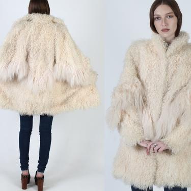 New With Tags Tibetan Lamb Fur Coat / NWT 1980s Ivory Mongolian Curly Jacket / Vintage 80s Cream Shaggy Unisex Womens One Size Runway Jacket 