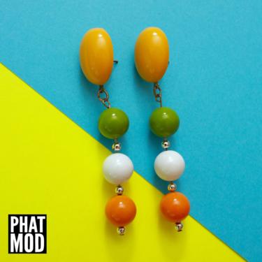 Geometric Mod Vintage 80s Yellow, Green, White, Orange Beaded Long Drop Earrings 
