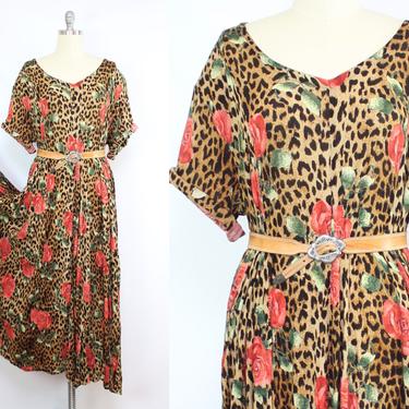 Vintage 90's Gauze Rayon Animal Print and Rose Midi Dress / 1990's Crinkly Rayon Summer Dress / Women's Plus Size 1X 2X 3X by Ru