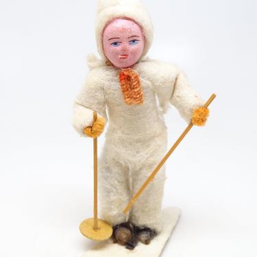 1930's Snow Baby Skier Antique Spun Cotton Doll with Hand Painted Composite Face for Christmas, Snowbaby on Skis 