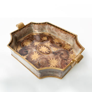 Josef Ekberg, Swedish Art Deco ceramic tray with notched corners, brown.
