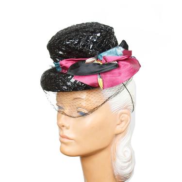 1940s Hat // Side Tilt Black Cellophane Topper with Stripped Ribbon and Veil 