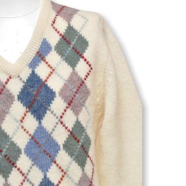 Vintage Yves Saint Laurent Cream Wool Sweater Argyle Size Small Medium Preppy V Neck 