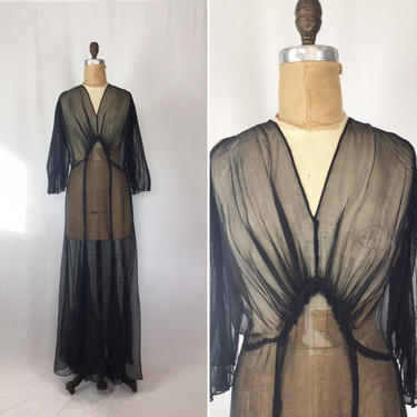 Vintage 30s dress | Vintage black chiffon full length evening dress | 1930s sheer evening gown 