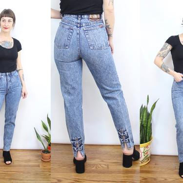 Vintage 90's Stonewashed Blue Denim High Waisted Slim Jeans / 1990's Jordache Jeans with Bows / Women's Size XS - Small / 25&amp;quot; Waist 11&amp;quot; Rise 