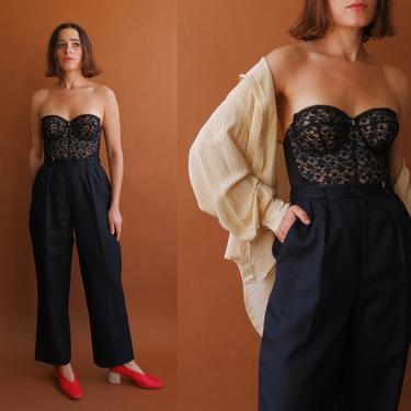 Vintage 80s Linen Trousers/ 1980s Navy Blue Giorgio Sant Angelo High Waisted Pants/ Size Medium 28 Petite 