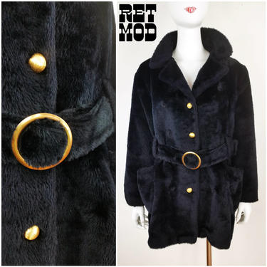 Vintage 70s Black Faux Fur Hippie Jacket Coat with Brass Buttons &amp; Belt 