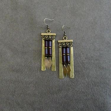 Abstract modern earrings, purple chandelier earrings, bohemian ethnic earrings, bronze statement earring, bold earring, boho chic 