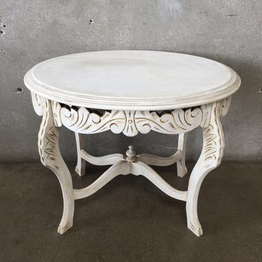 White Vintage Carved Wood End Table