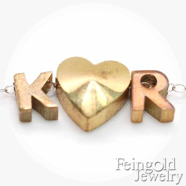 Custom Initials and Heart - Tiny Vintage Brass Pendant on Sterling Silver Chain - Free US Shipping 