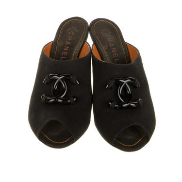 Vintage CHANEL Huge CC Monogram Logo Black Mules Slides Heels Shoes Sz It 40 us 9 - 9.5 