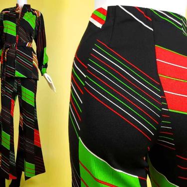 1970s polyester pantsuit set. Polyester green, red, white. Geometric op art. Extreme bells. Size S-M. 