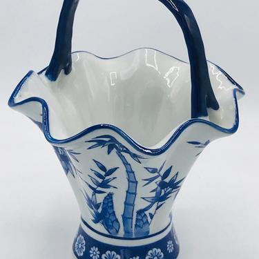 Vintage Formalities by Baum Brothers  Blue and White Bamboo Collection Floral Handled Basket / Vase 