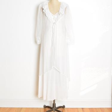 vintage 80s nightgown peignoir set sheer white nylon lace gown robe lingerie XS clothing 