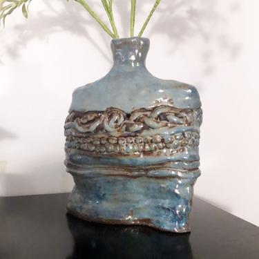 BIG Vintage Stonewear Pottery Vase 1960's, 1970's Blue Gray Glazed Mid Century Ceramic Art Pot Boho Hippie Decor Signed 