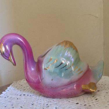 Vintage Colonial China Pottery Mauve Pink Gold and Green Swan Planter or Trinket Dish 