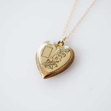 1940s Gold Heart Shaped Locket | Forget-Me-Not | Vintage Gold Filled GF Photo Locket with Flower Engraving by wemcgee