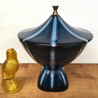 Mid Century Hull Continental Compote, Blue Striped Candy Dish, Mid Century Modern Pottery With Lid 