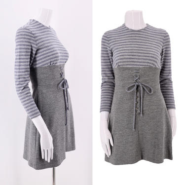 60s Gray Knit Striped Mod Mini Dress / vintage 1960s mod micro mini skirt dress sz S 